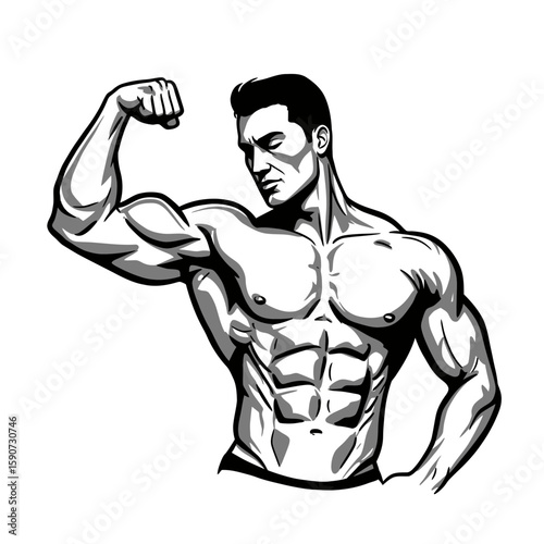 Muscular man flexing his bicep, showcasing defined abdominal muscles and physique in a black and white illustration.