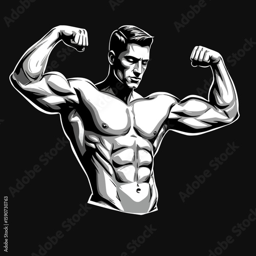 Muscular man flexing his biceps and abdominal muscles in a black and white vector illustration.
