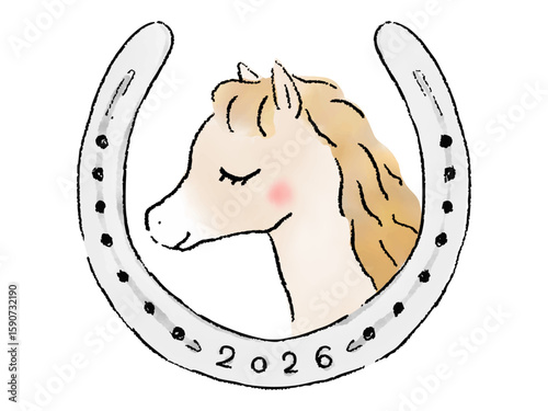 ウマに蹄鉄をあしらった年賀状用イラスト　2026