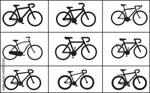 Silhouette bicycle icon bundle isolated on a white background, Editable Vector Bicycle Silhouette Icons on White Background. Clean and Simple Bicycle Icon Set Silhouette bicycle icon bundle isolated
