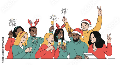 A diverse group of friends celebrates a festive holiday party together with sparklers and cheers