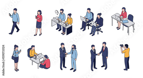 Illustrations depicting diverse workplace scenarios and professional interactions showcasing collaboration teamwork and business meetings
