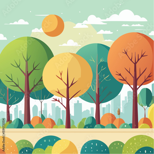 Stylized illustration depicts a vibrant park scene with colorful trees and a city backdrop.