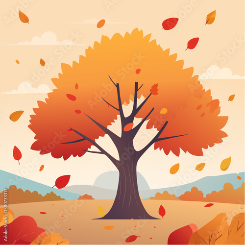 A vibrant illustration of a large tree with autumnal leaves falling in a scenic landscape.