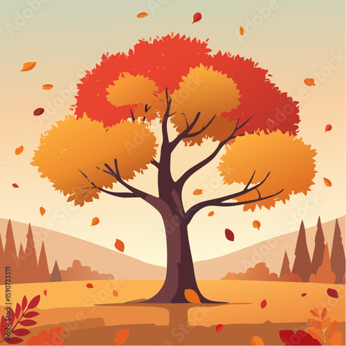 A stylized illustration of a tree with colorful autumn foliage, with falling leaves in a landscape setting.