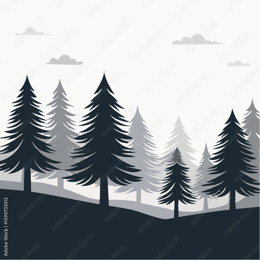 Obraz premium Silhouettes of pine trees on a hill, simple landscape illustration, gray tones.