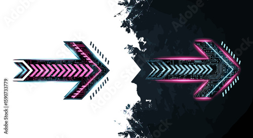 Futuristic neon arrow with digital glitch effect on transparent and dark background for tech and cyber themes