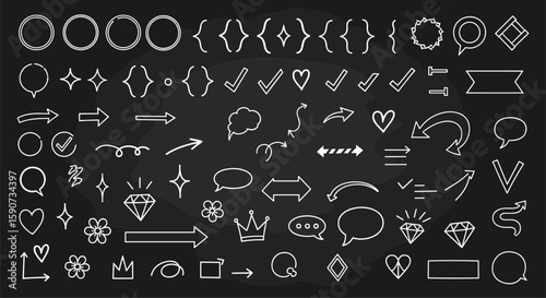 Collection of chalkboard style hand drawn arrows and symbols for design projects