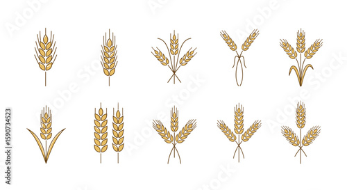 Collection of ten ornate golden wheat ear and spike decorative emblems representing harvest agriculture and natural growth