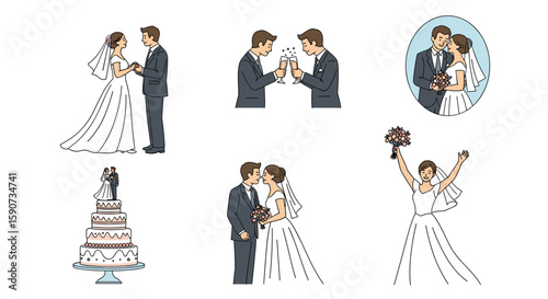 Collection of diverse wedding ceremony and celebration illustrations featuring couples and cake