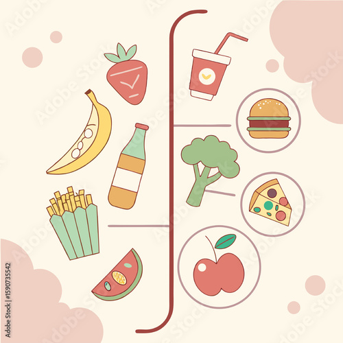 Illustration showing healthy and unhealthy food choices, including fruits, vegetables, and fast food items.