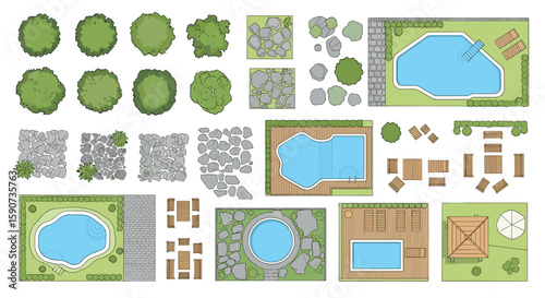 Collection of aerial view landscape design elements for outdoor living spaces