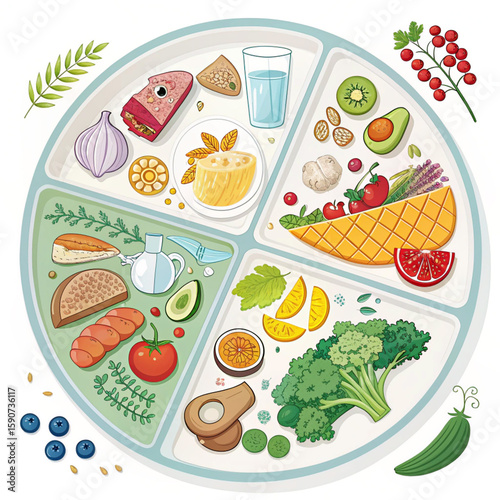 Colorful food pyramid illustrating balanced diet with various healthy foods.