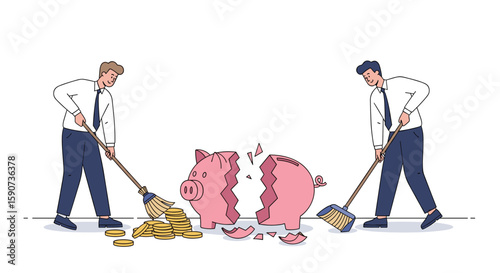 Two businessmen are digging up a broken piggy bank full of coins with shovels
