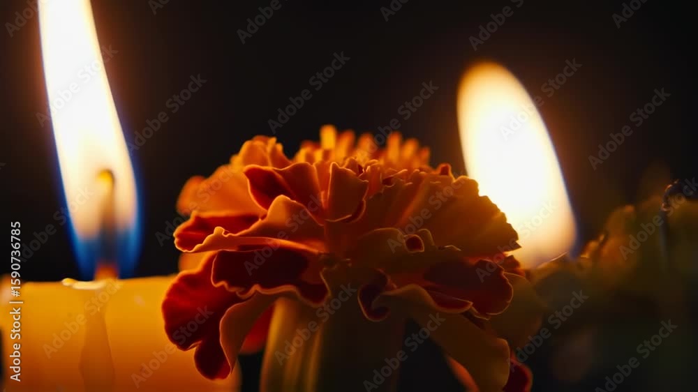Marigold flower with candles burning with Dia de los Muertos altar.