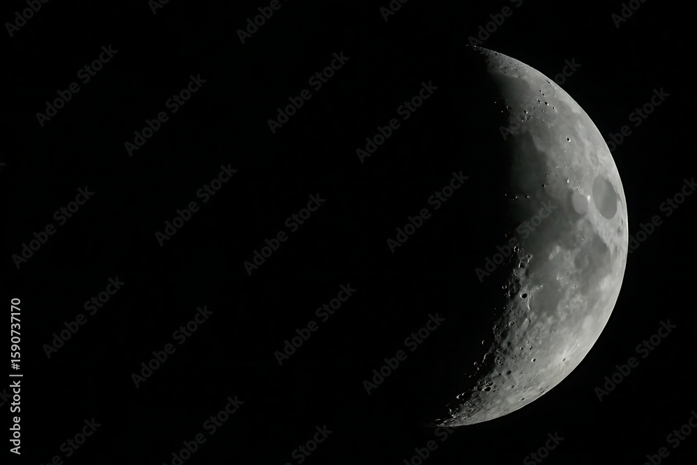 Detailed Crescent Moon Phase with Visible Craters Against a Black Sky in Outer Space Observation Detailed Crescent Moon Phase with Visible Craters Against a Black Sky in Outer Space Observation
