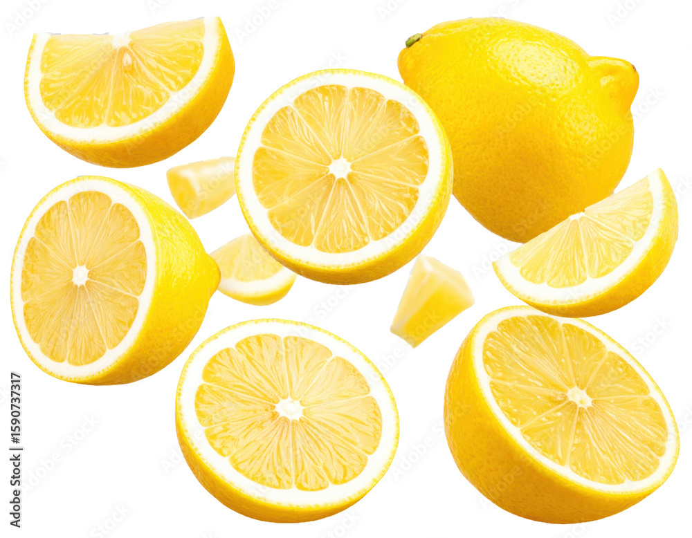 Fototapeta premium Sliced and whole lemons suspended in midair isolated on transparent background png