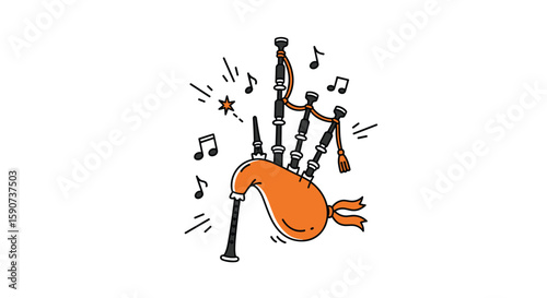 Illustrating a festive bagpipe performance with lively musical notes and a star embellishment