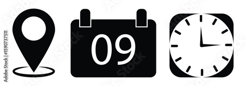 Address time date icons set. Information for invitation event, with analog wall clock, calendar binder and location pin, symbol of date time place or address. eps 10