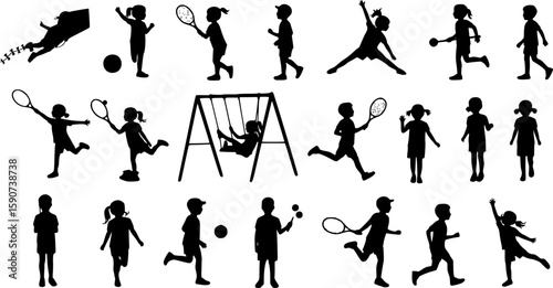Kids doing various outdoor activities hobbies and sports outdoors vector silhouette set collection.
