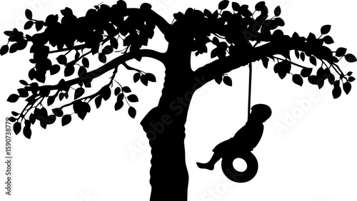 Silhouette of a child on a tire swing hanging from a large tree with dense foliage and visible branches