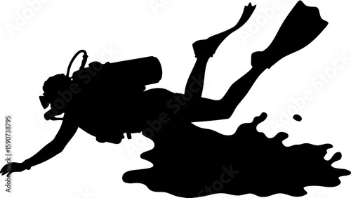 Silhouette of a scuba diver with fins and oxygen tank swimming underwater in a black and white image