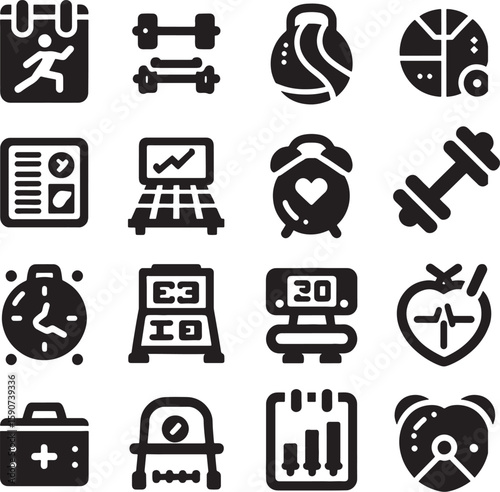 Black and white vector icon set for gym fitness
