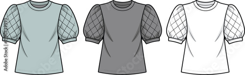 Puff sleeve quilted tops fashion sketch, pastel gray white colorway, cad drawing flat vector illustration, garment template, blouse design