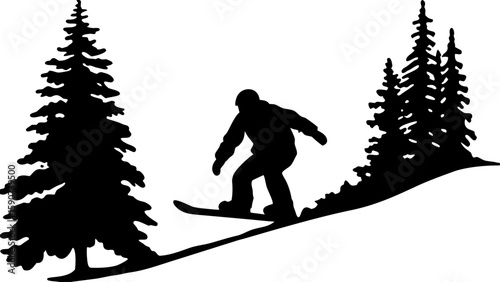 Silhouette of snowboarder riding down a hill between pine trees on a snowy mountain slope scene