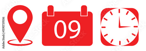 Address time date icons set. Information for invitation event, with analog wall clock, calendar binder and location pin, symbol of date time place or address. eps 10