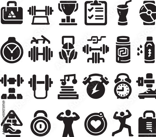 Black and white vector icons set for web design, featuring coffee cup and food pictograms, gym and fitness sport