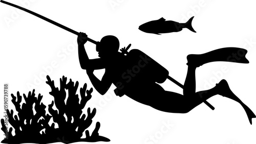 Silhouette of a scuba diver with speargun swimming near coral and a fish in the ocean water scene