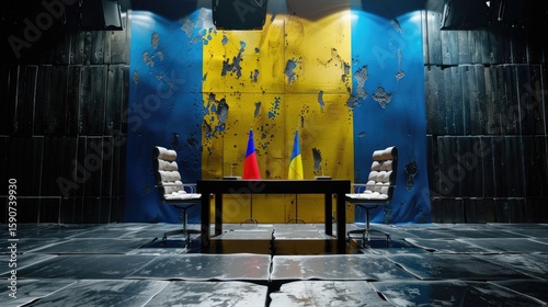 Empty dark room with negotiation table flanked by Russian and Ukrainian flags, tension implied