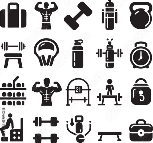 Black and white vector icon set collection of gym fitness sport