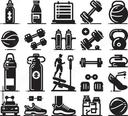 Black vector silhouette icon set of fitness gym tools