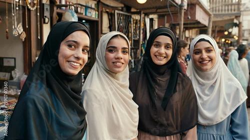 group of young muslim women wearing islamic hijab looking at the camera	
