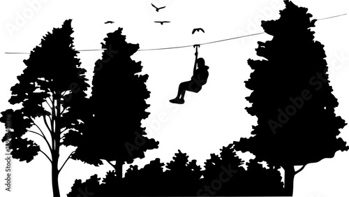 Silhouette of a person ziplining between trees with birds flying above in a monochrome outdoor scene