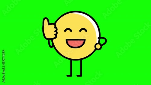 A yellow round face emoji, smiling and giving a thumbs up, looping video with a green screen.