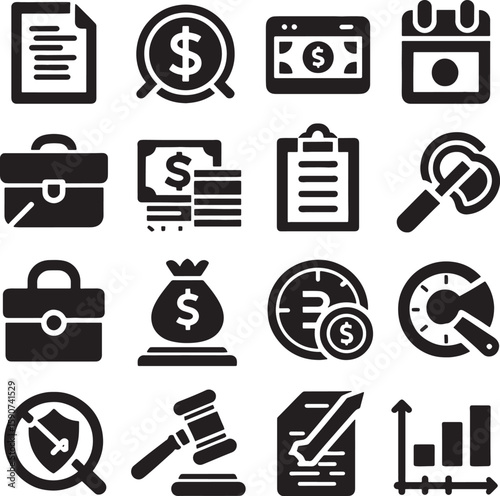 Black silhouette vector icon set of business, finance, and banking symbols for web and mobile applications including money, coin, dollar, cash, phone, computer, camera, and television