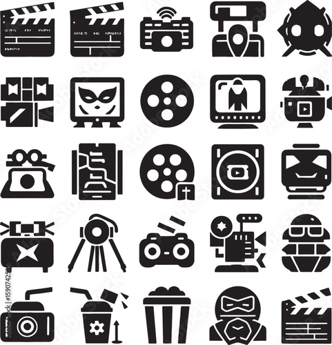 Black cinema and internet service vector icons set for business design