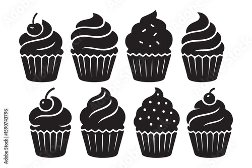 
Set of black cupcakes, muffin logo. Pastry shop logo.