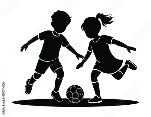 Kids Playing Soccer Silhouette, Black and White Children Football Vector