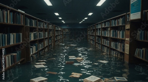Flooded Library with Floating Books Disaster Aftermath and Ruined Education