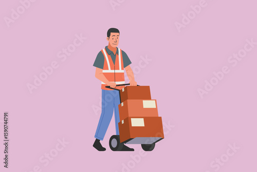 Warehouse worker pushing a hand truck loaded with cardboard boxes, logistics staff in safety vest transporting packages for delivery, distribution or shipping, flat vector illustration