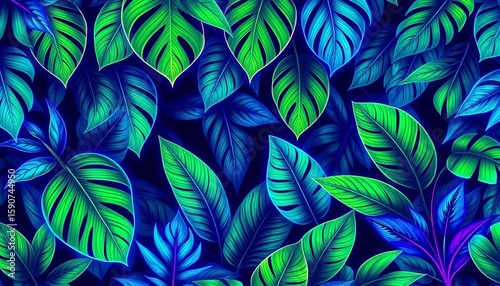 Fototapeta Naklejka Na Ścianę i Meble -  Glowing neon blue & green jungle leaves, seamless pattern, artistic botanical illustration,  background,   jungle foliage