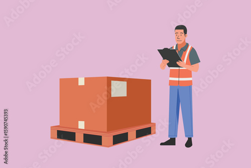 Warehouse staff checking packing list on clipboard next to a pallet box, worker wearing safety vest and uniform verifying shipment for inventory or delivery process, flat vector illustration
