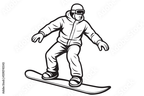 A black and white vector shows a man in mid action snowboarding down a slope, outlined boldly in thick black ink for contrast.
