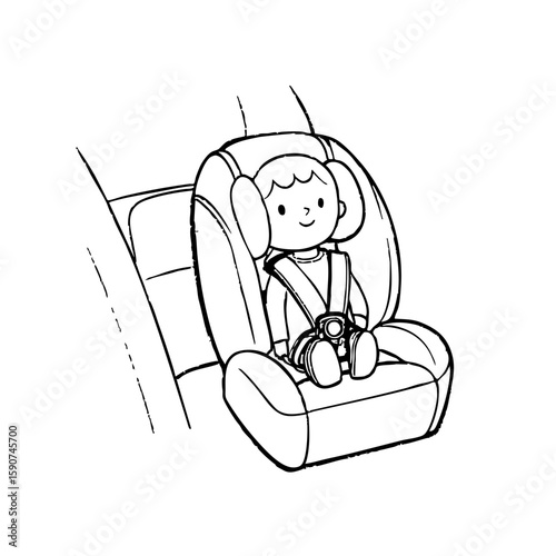 Child in a car seat smiling and secured with seatbelt in a vehicle  