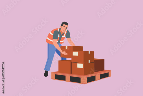 Warehouse employee in safety vest stacking cardboard boxes on a pallet, logistics staff organizing packages for storage or shipment inside distribution center, flat vector illustration