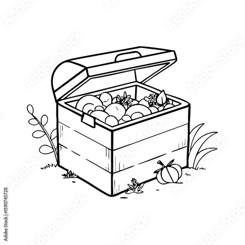 Compost bin filled with fruits and vegetables in a garden setting  